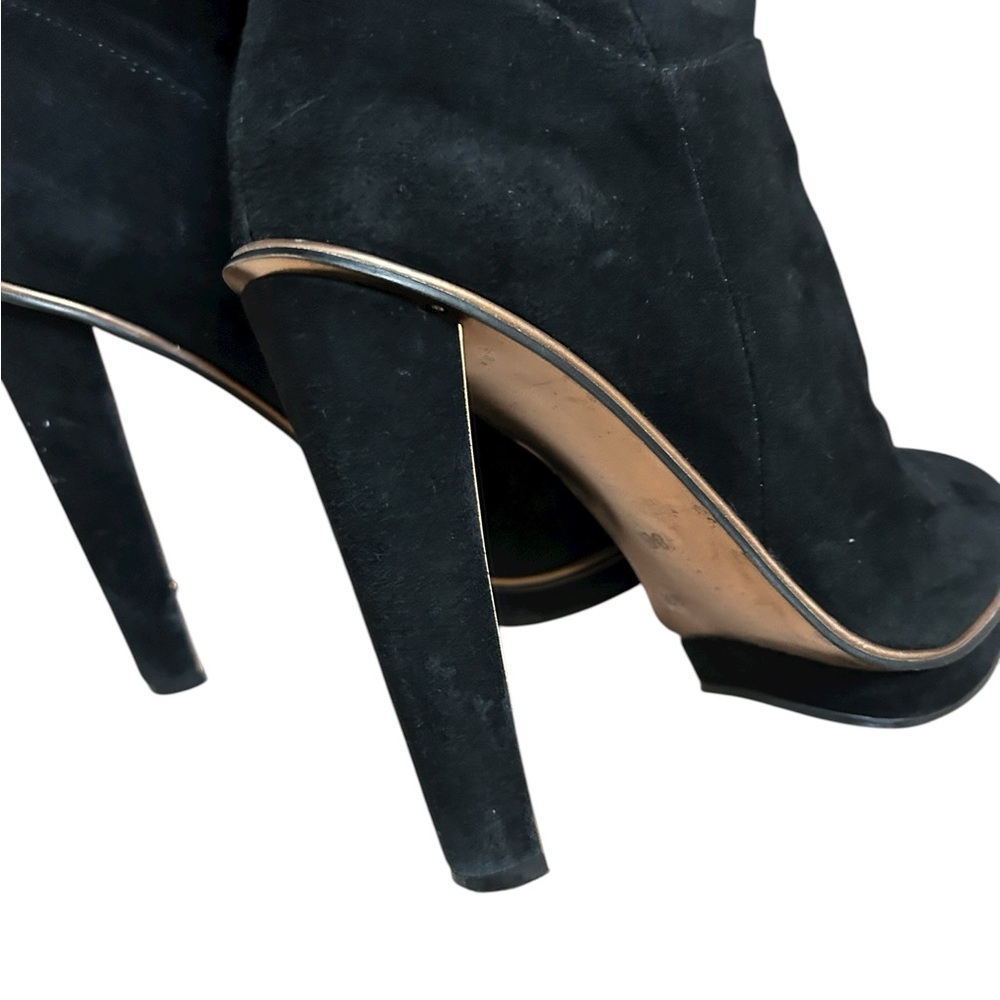 BCBGMaxAzria Elegant Black Suede Heeled Boots Trimmed with Gold Great Preowned - Picture 9 of 14